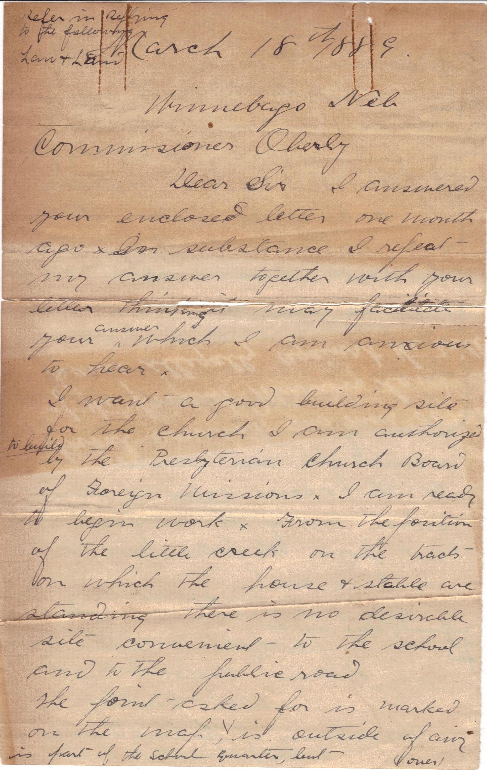 March 18, 1889: Winnebago Mission land papers (1)